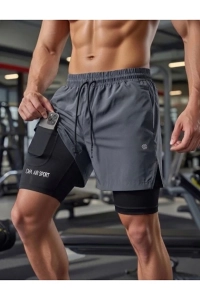 2 In 1 Şort Yazılı, Deniz, Havuz, Gym ve Fitness Hızlı Kuruma telefon cep'li Bel havluluk Ekstra İç File Astarlı Outdoor